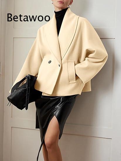 Wool Blend Coat - Women's Double-Breasted Short Coat with Lapel,