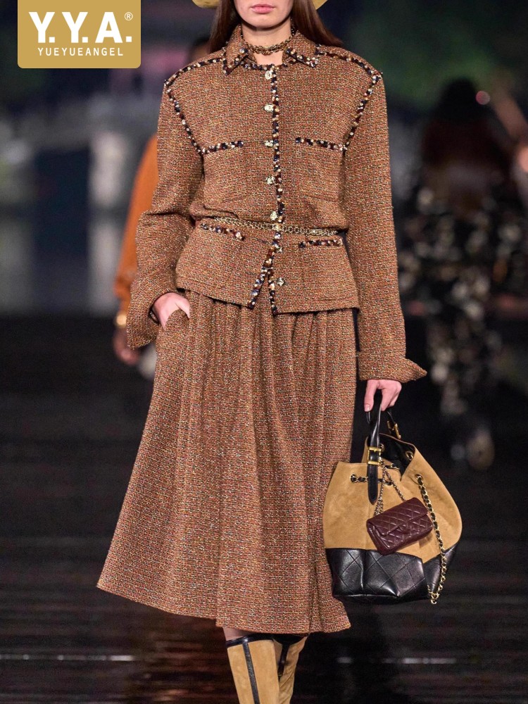 Wool Blend Coat - Female Elegant Turndown Collar Sequin Tweed