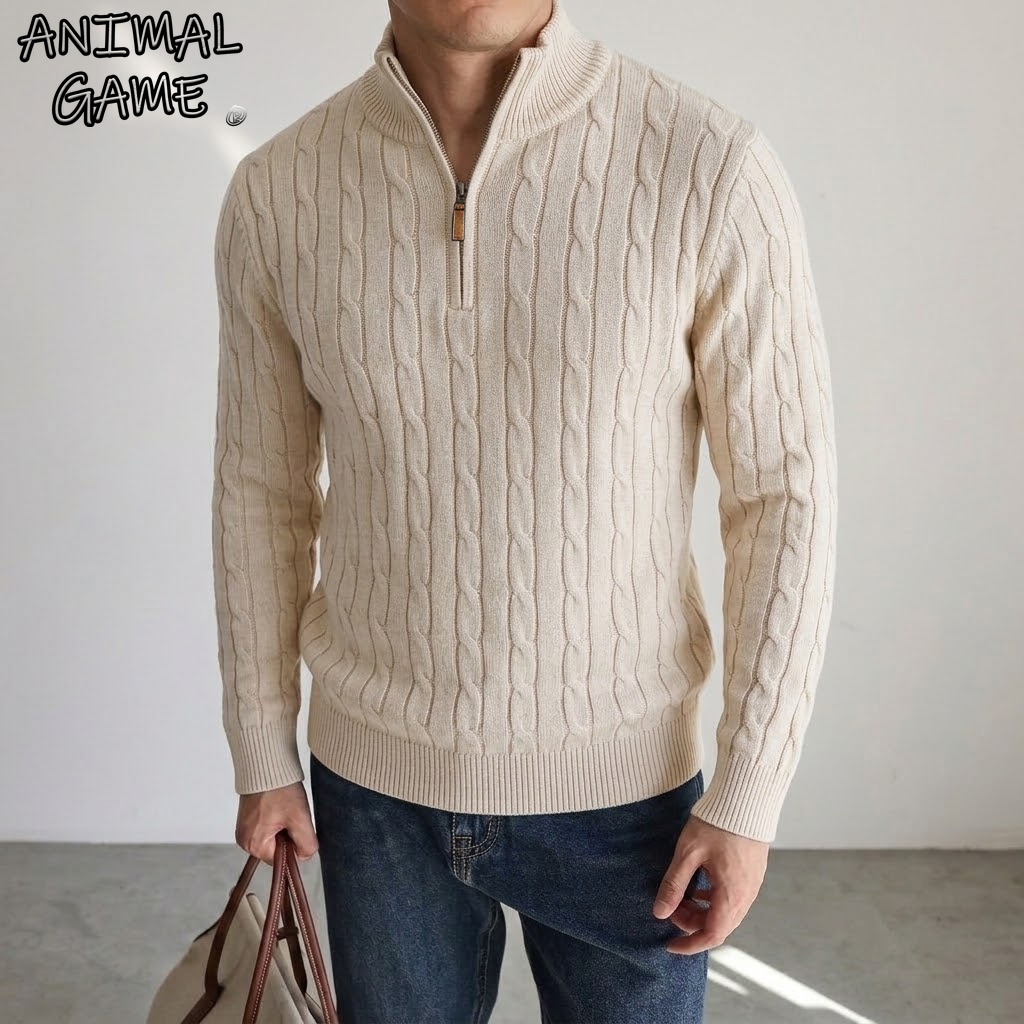 New Men's Cable Knit Half Zip  - Wool Blend Coat ulasan dan harga